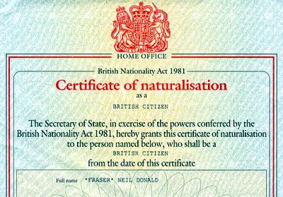 [Certificate of naturalisation as a British Citizen]