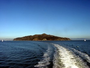 [Looking back at Angel Island from the ferry.]